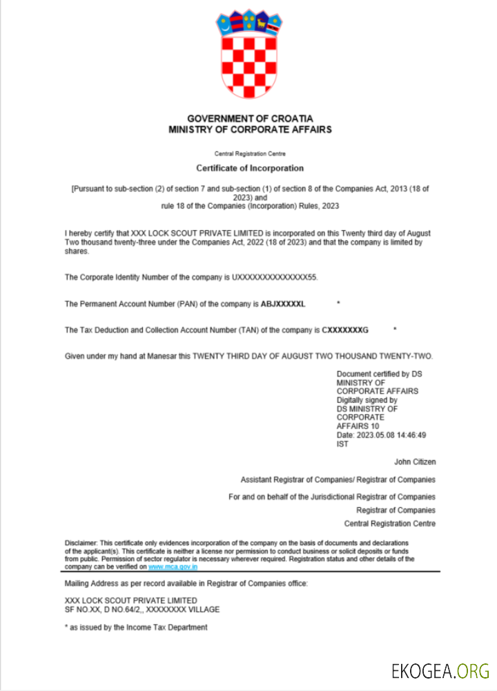 Modèle Word et PDF de certificat d'enregistrement de Croatie